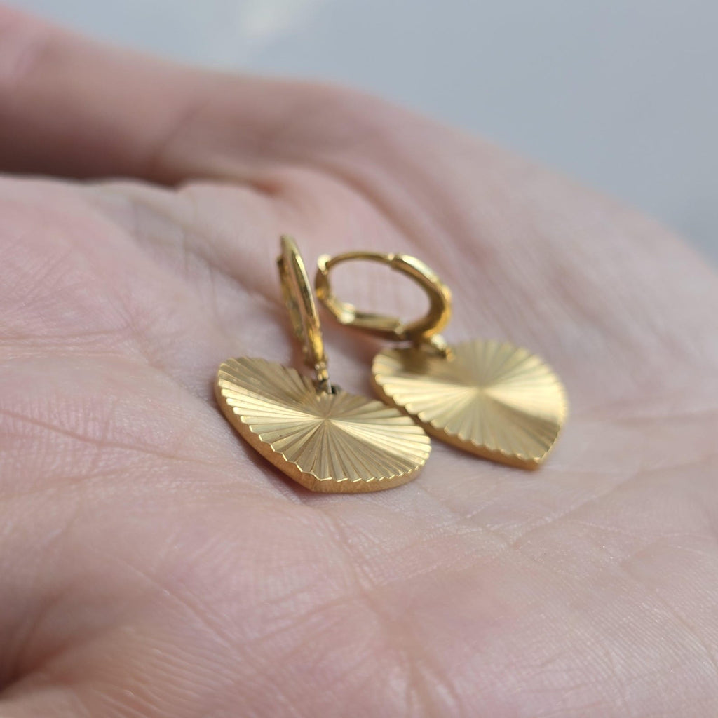 Heart Hoop Earrings, 18k Gold Filled Sunburst Dangle Earrings