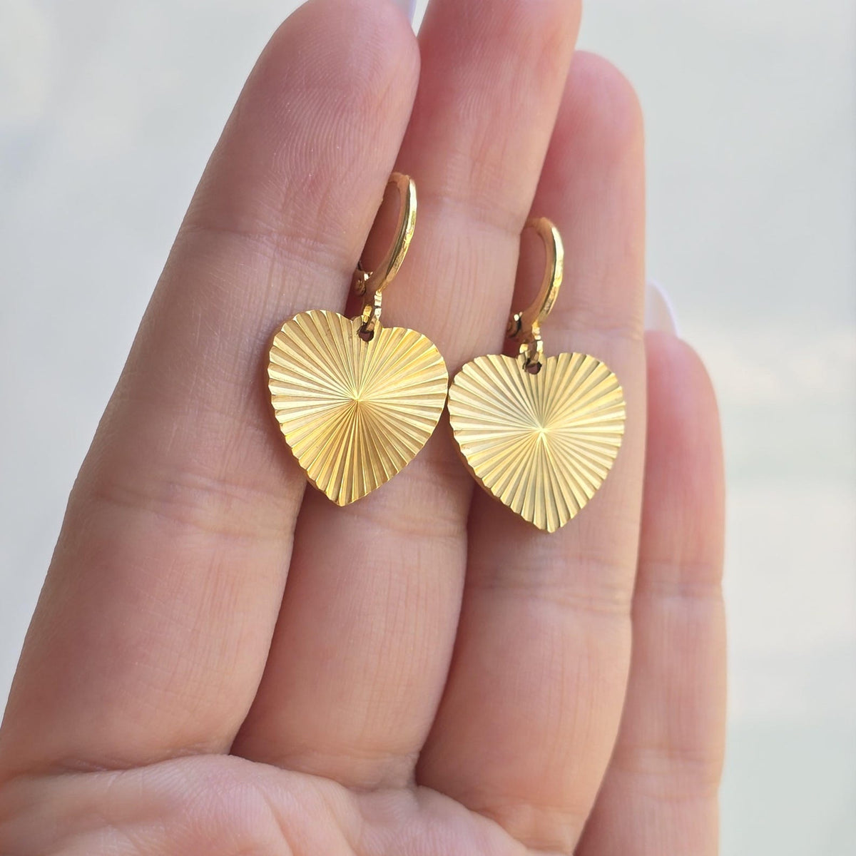 Heart Hoop Earrings, 18k Gold Filled Sunburst Dangle Earrings